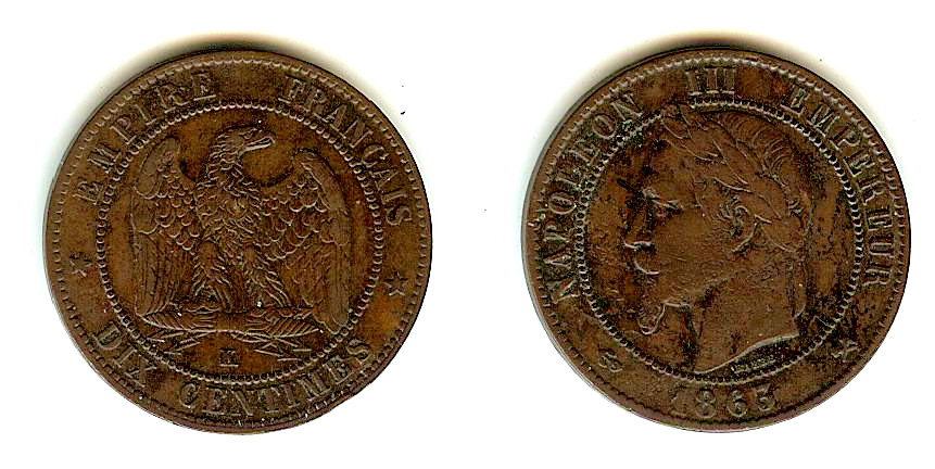 Dix centimes Napoléon III, tête laurée 1863 Bordeaux TTB à TTB+